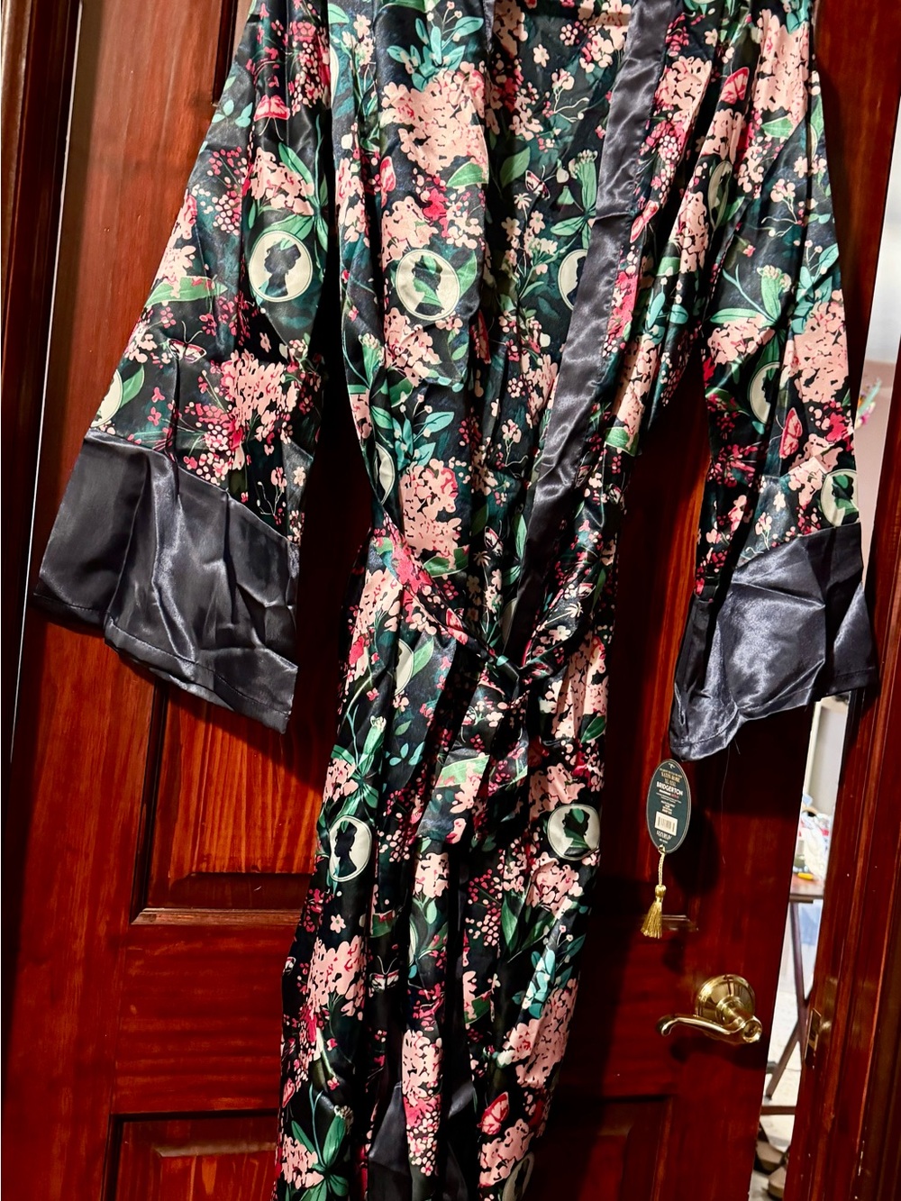 Satin Floral Kimono Robe in Black & Pink